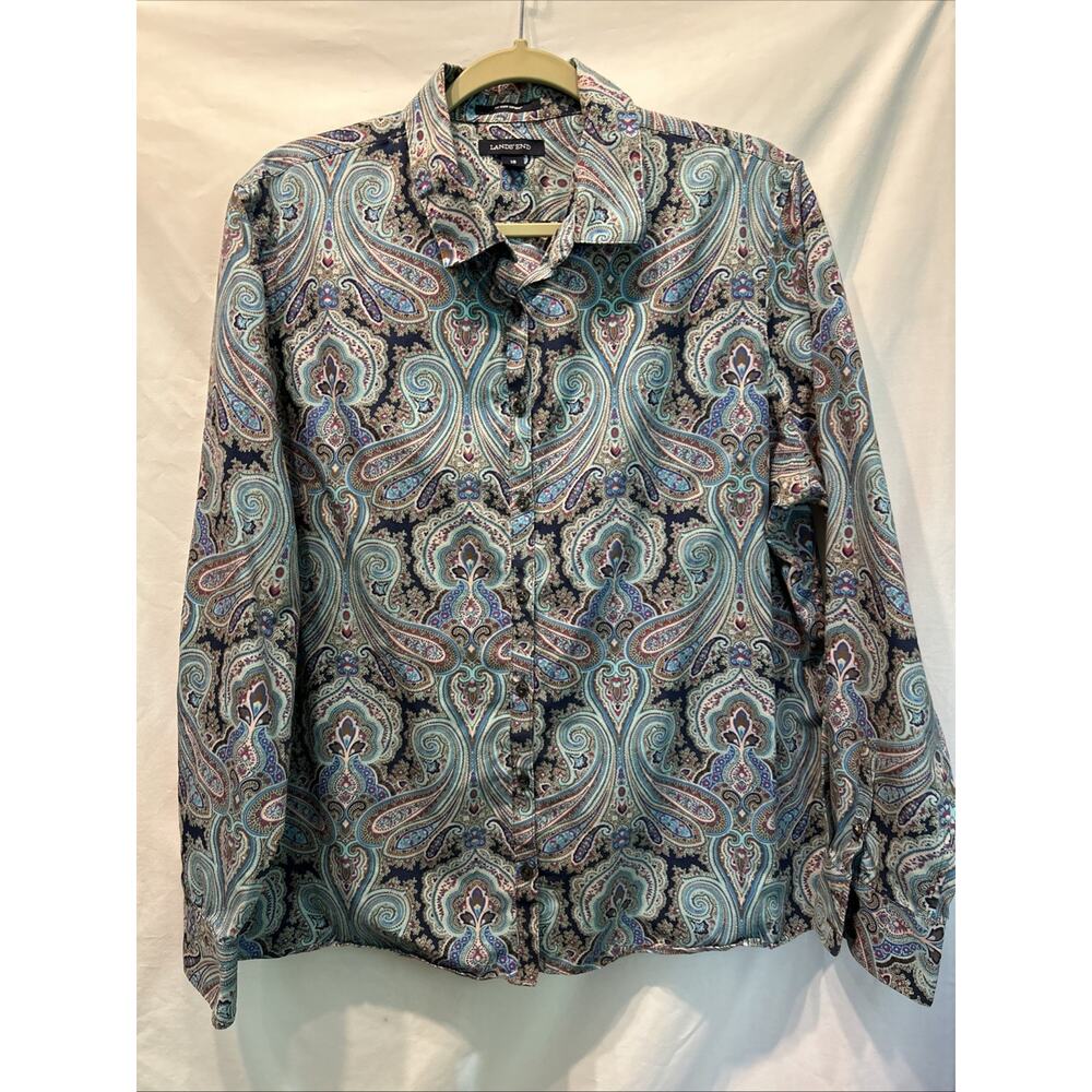 Lands End Womens 18 No Iron Supima Cotton Button Up Shirt Paisley Aqua Career